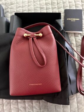 Strathberry Osette Pouch Large Grain Oxblood Leather Mini Drawstring Crossbody